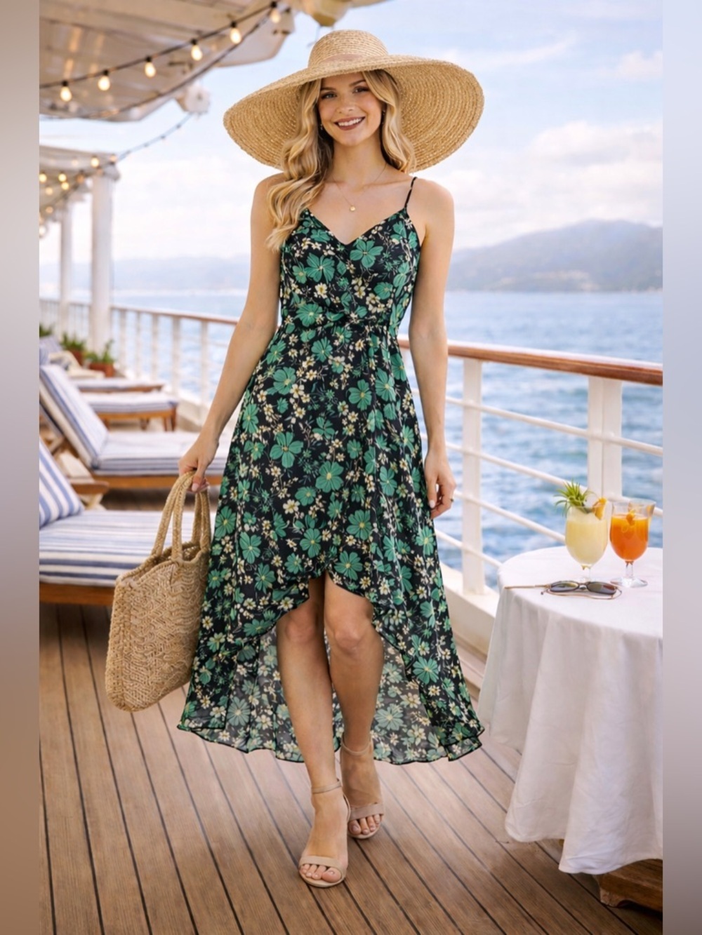 Chelsea28 Green Floral High-Low Spaghetti Strap Dress
